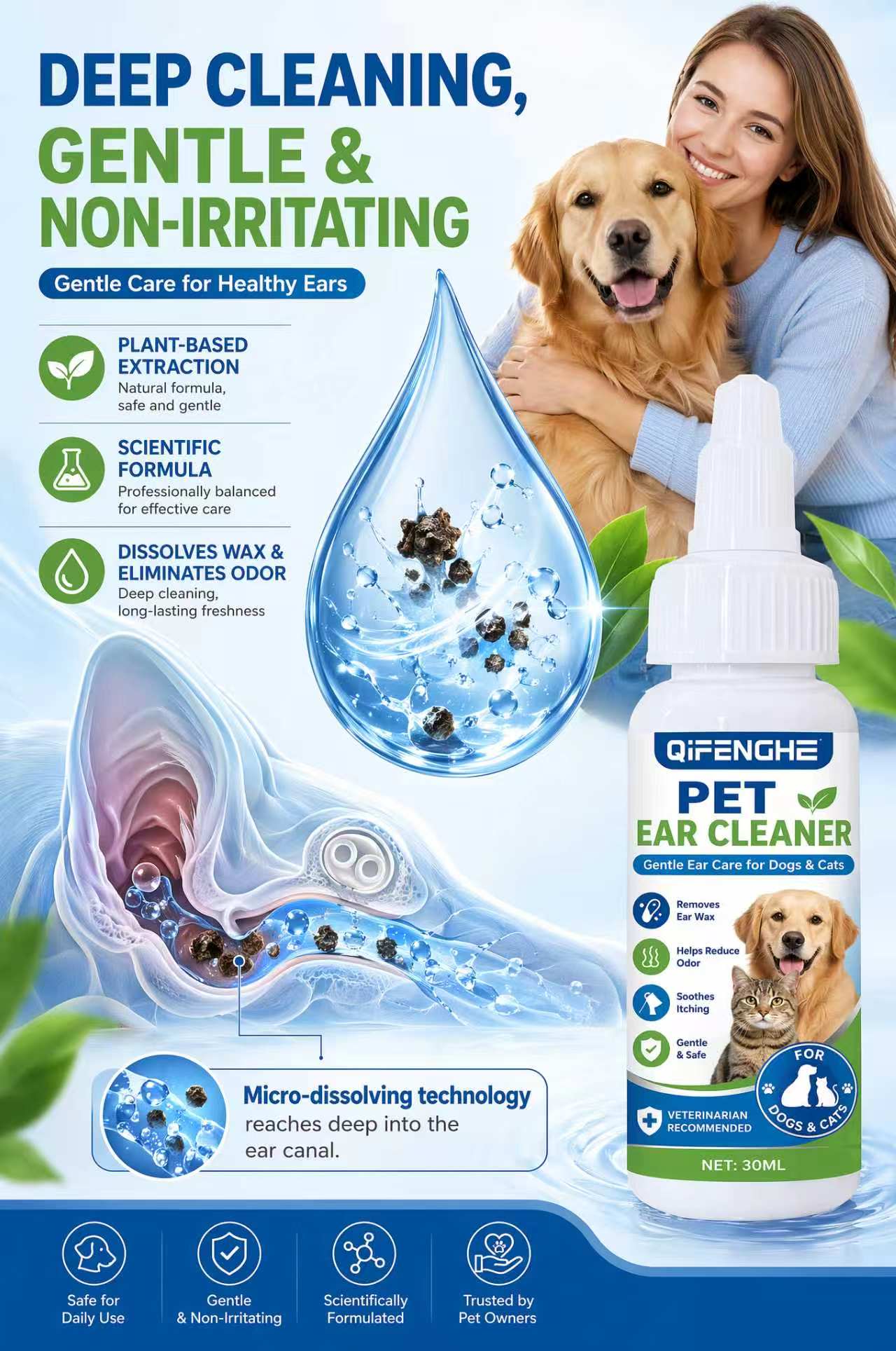 Dog Ear Cleaner Solution Drops Wash - Gotas Limpiadoras de Oídos para Mascotas