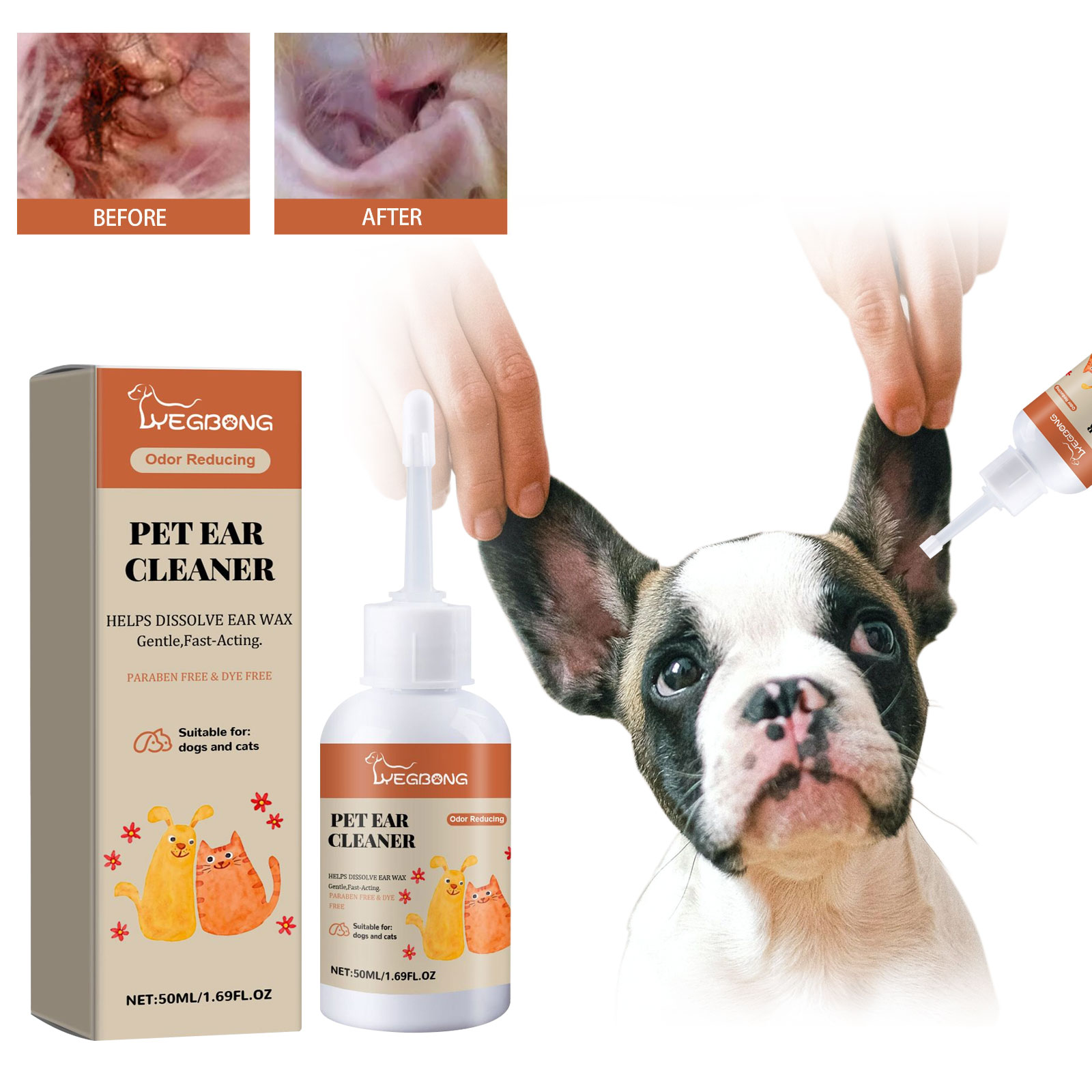 Dog Ear Cleaner Solution Drops Wash - Limpiador de orejas para perros, eliminación